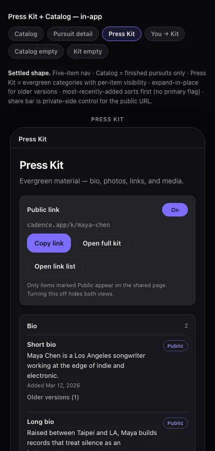 In-product press-kit surface for organizing shareable artist material.