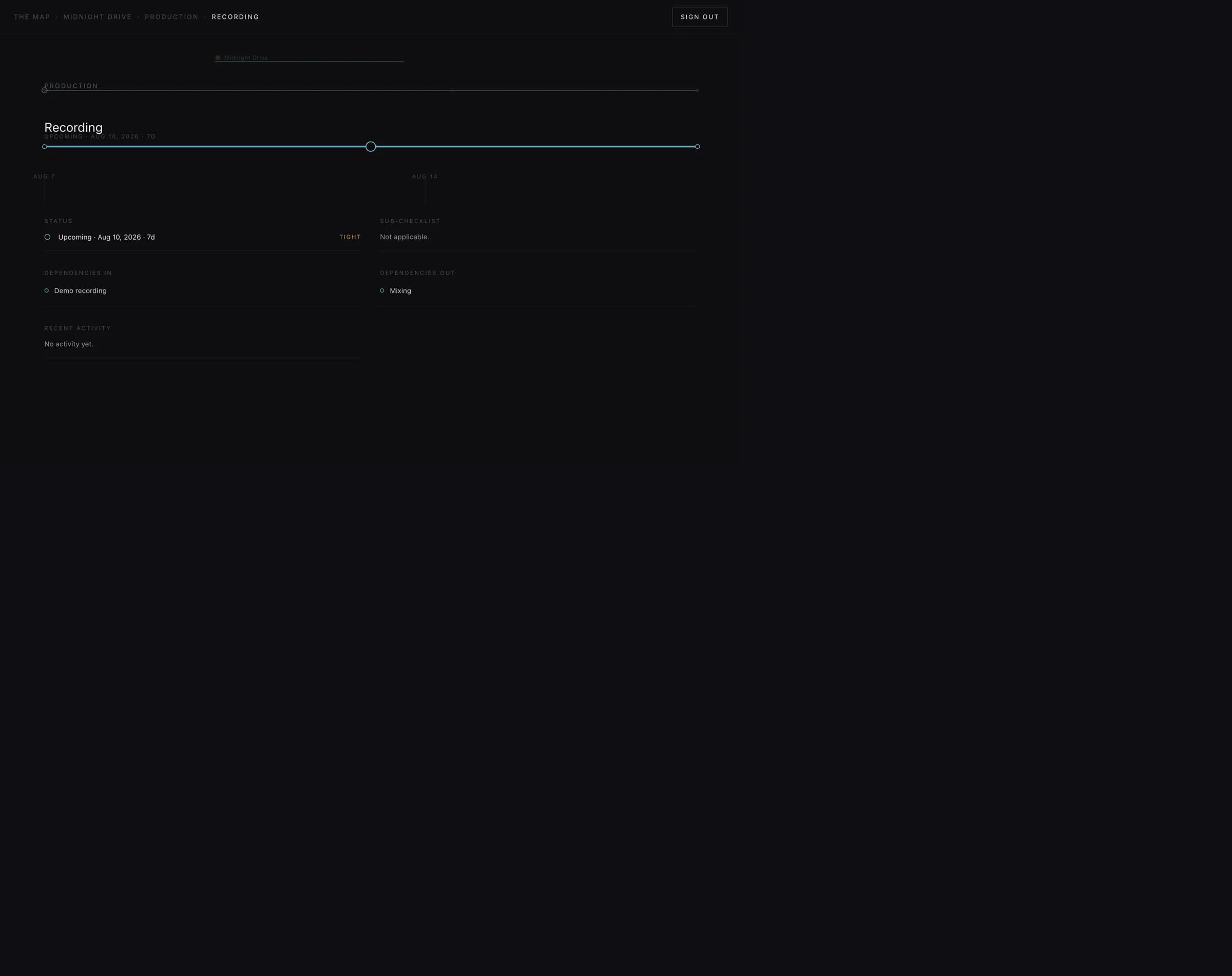 Task view showing detail and dependencies within a connected pursuit.