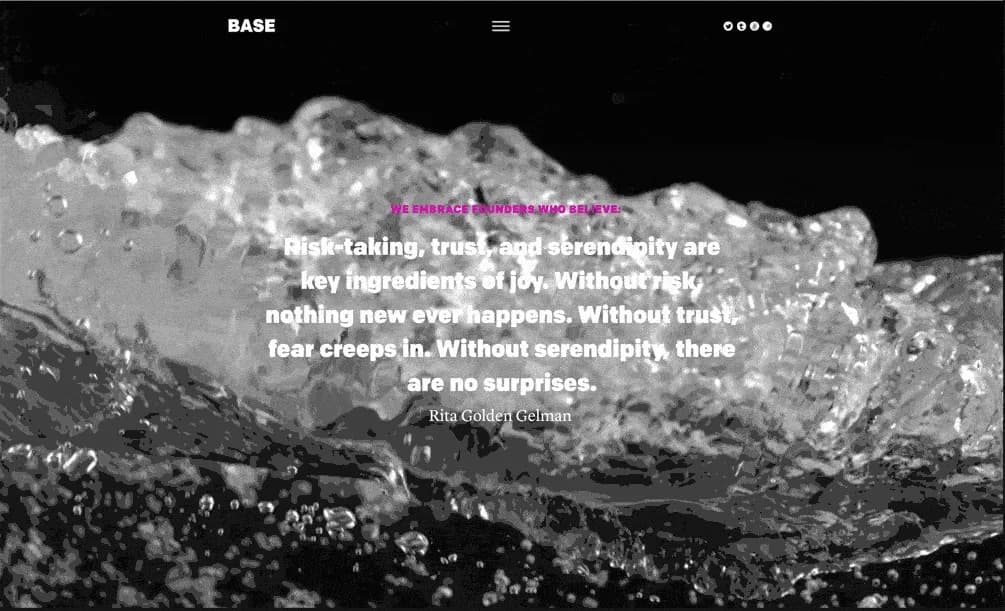 BASE philosophy page with a statement about risk, trust, and serendipity.