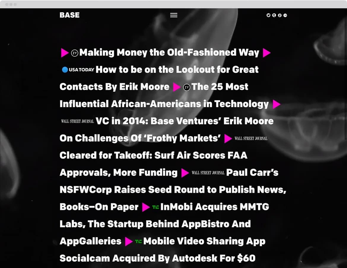 BASE press page with editorial headlines.