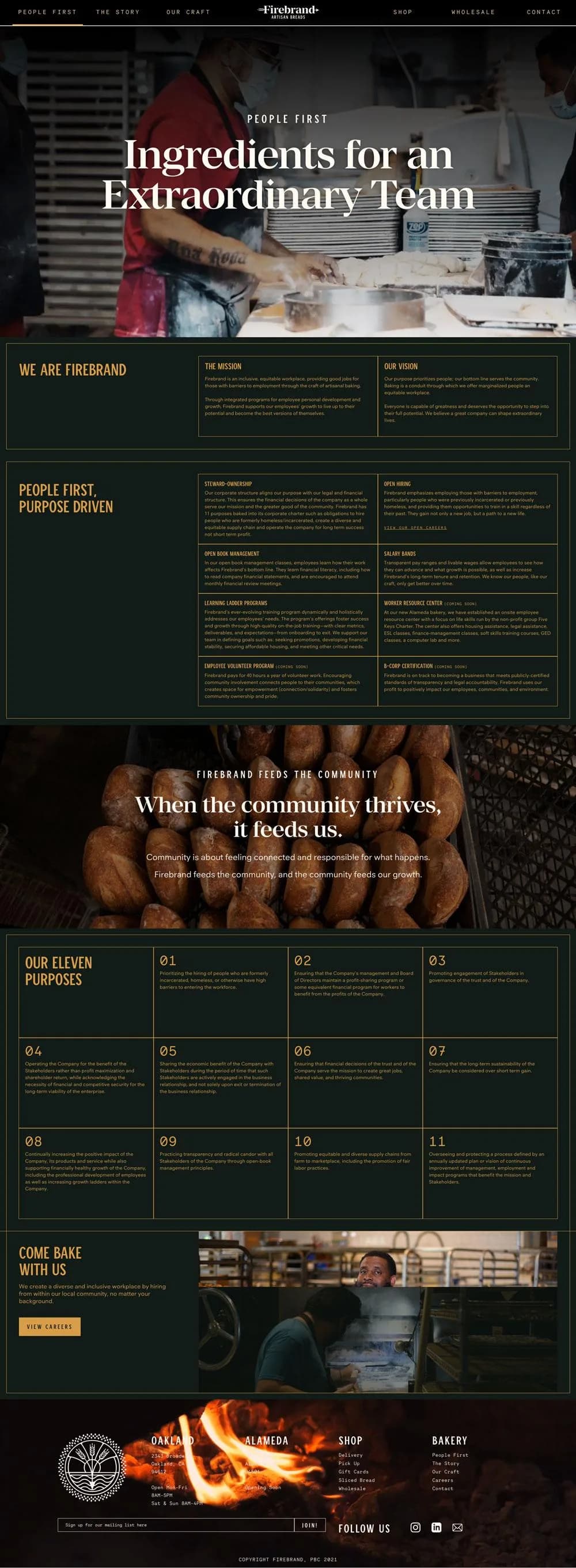 Firebrand People First page showing bakery process and people-centered content.